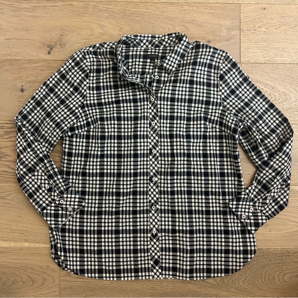 Talbots Plaid Check Metallic Thread Button Down S… - image 1
